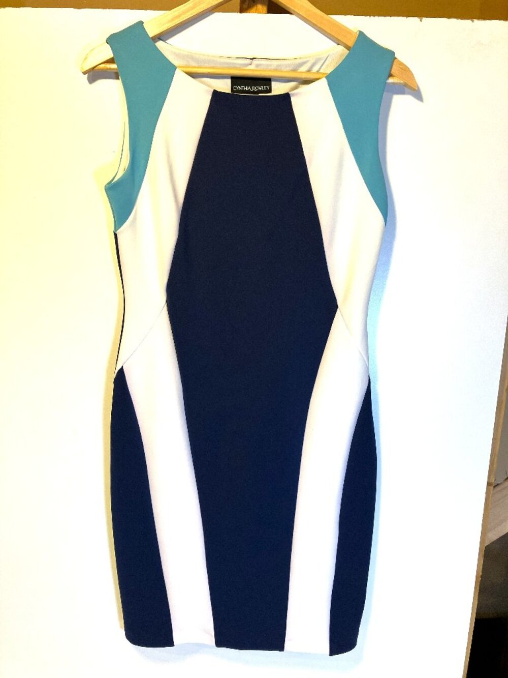 CYNTHIA ROWLEY Sleeveless Blue/White/Turquoise Colorblock Sheath Dress. Size 6